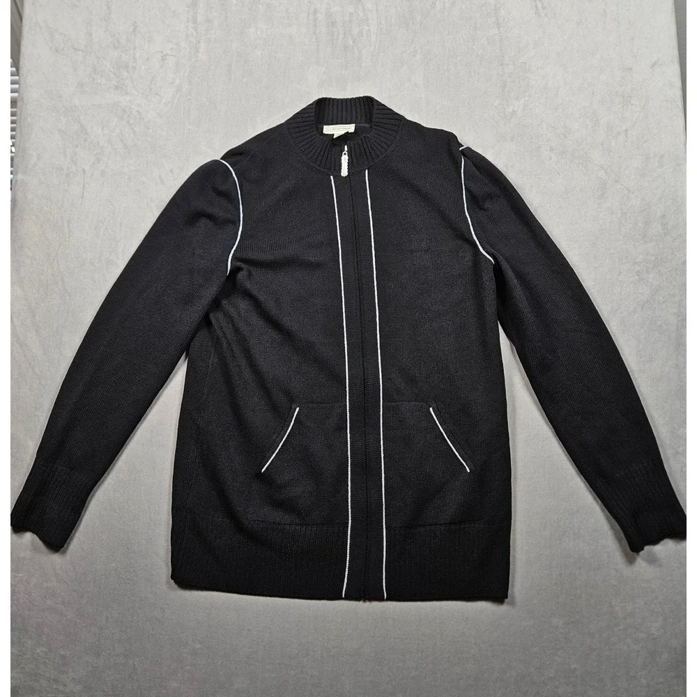 Vintage St. John Sport Sweater Womens Medium Black Full Zip White Piping‎ USA